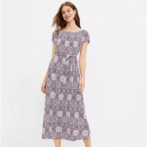 LOFT Tiled On & Off The Shoulder Maxi Dress, Magenta, Purple & White Size Medium - Picture 1 of 8